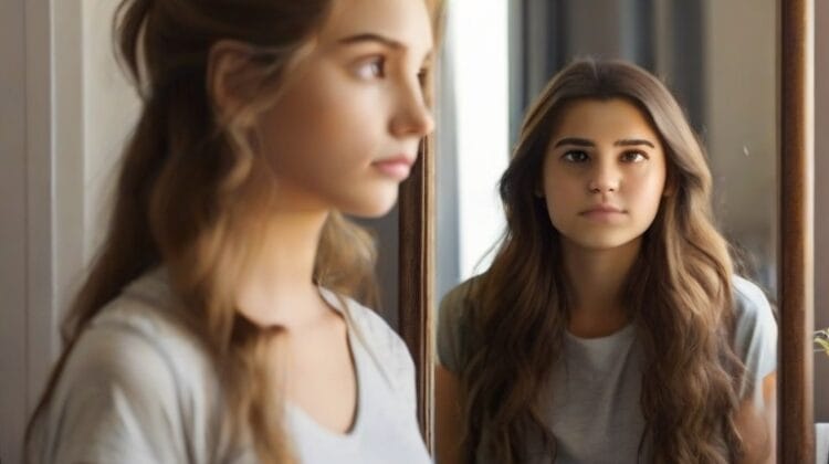A young woman looking at herself in the mirror aging out.
