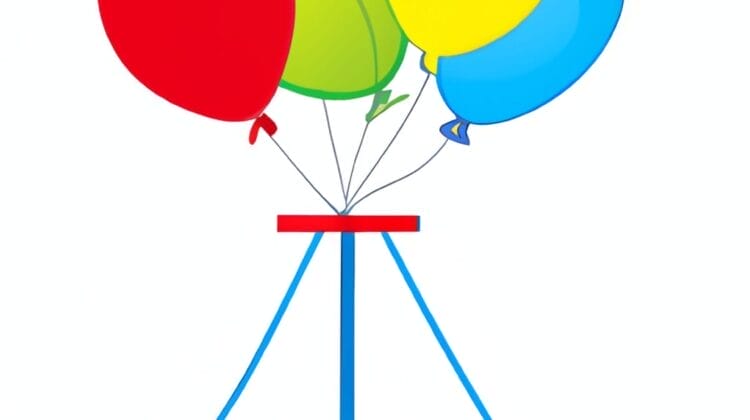A colorful bunch of balloons tied to a simplistic blue seesaw in a balancing act on a white background.