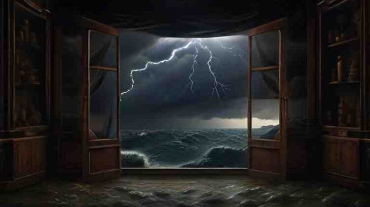 A surreal room with open doors leading to a stormy sea under a lightning-struck sky, thriving in chaos.