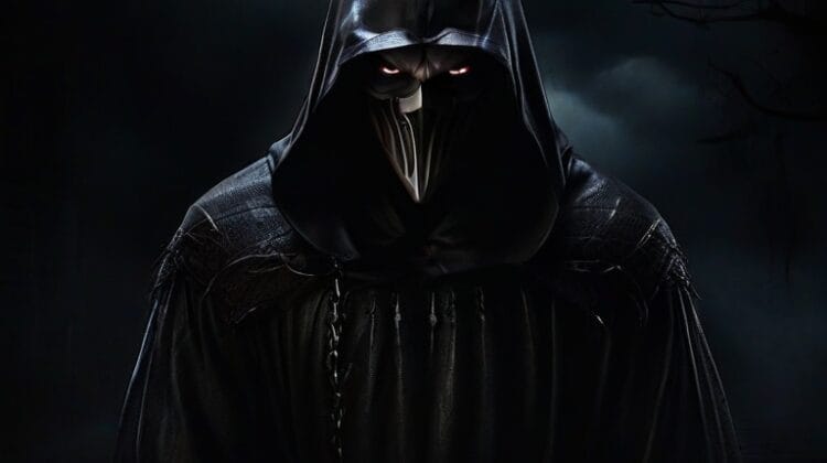 A person clad in a dark, hooded cloak with a mask that resembles a beak stands in a dimly lit, foggy environment, exuding an air of intuition alongside a mysterious and ominous