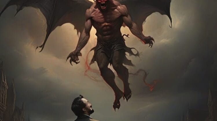 A man in a suit looks up at a large, winged demon hovering above him against a stormy sky laughing at the dark humor of the situation.
