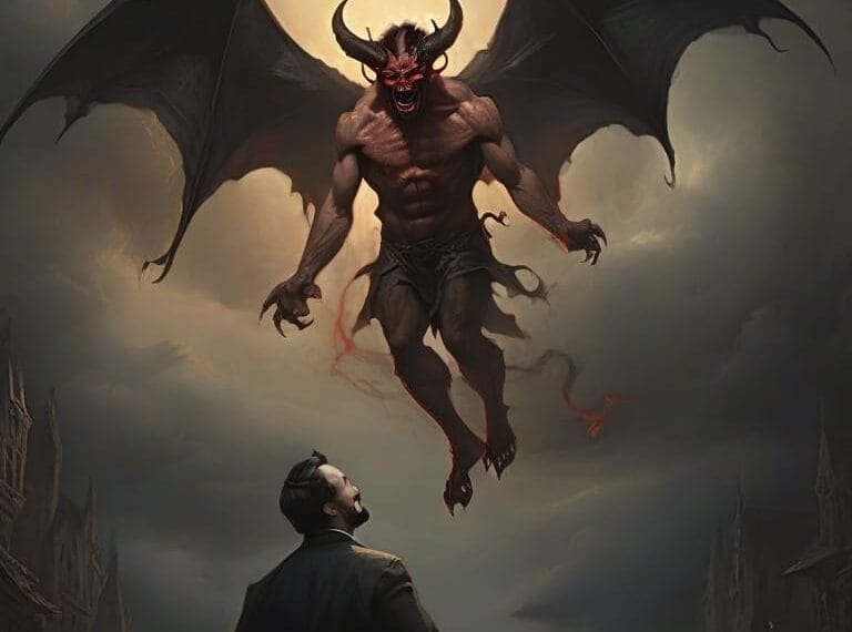 A man in a suit looks up at a large, winged demon hovering above him against a stormy sky.