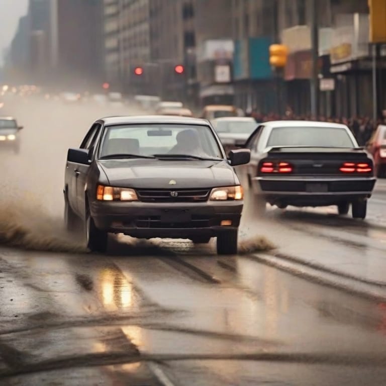 A black sedan drives through a puddle on a wet urban street, splashing water, with other vehicles and blurred city buildings in the background displaying road rage