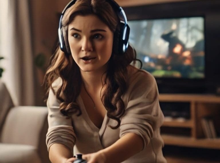 A young woman wearing headphones plays a video game, holding a controller with a concentrated expression, in a cozy living room using the cheat code.