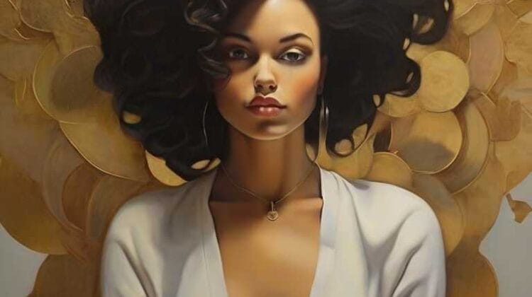 A portrait of a woman embracing change with voluminous dark hair against a golden circular backdrop.