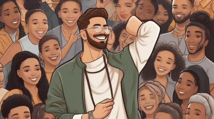 Illustration of influencers surrounding a smiling man in the center, some holding smartphones, depicted in a warm, cheerful color palette.