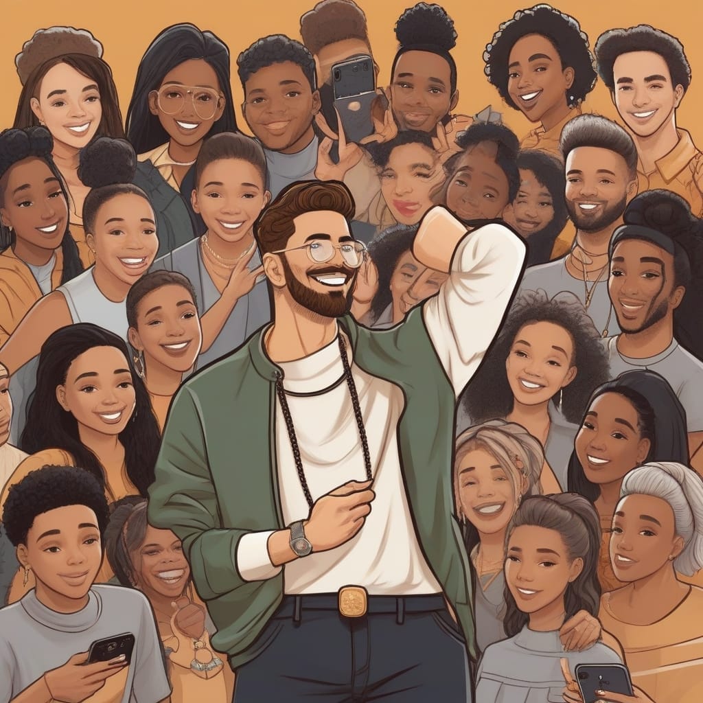 Illustration of influencers surrounding a smiling man in the center, some holding smartphones, depicted in a warm, cheerful color palette.