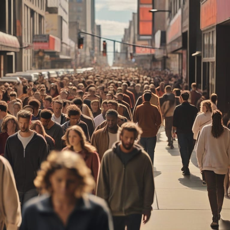 A crowded urban street filled with diverse individuals walking, captured on a sunny day with buildings visible in the background.
