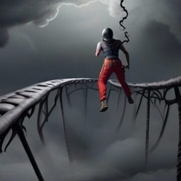A thrill seeker in a hoodie and red pants balances on a narrow, dragon-like bridge under a stormy sky.