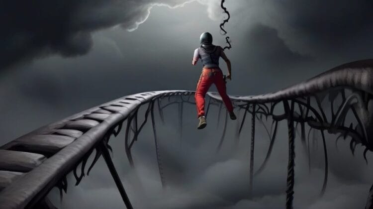 A thrill seeker in a hoodie and red pants balances on a narrow, dragon-like bridge under a stormy sky.