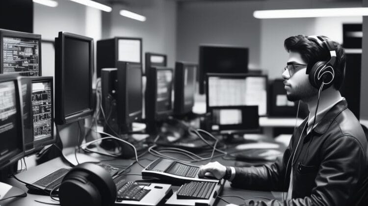 A man wearing headphones works on multiple computer monitors in a modern, dimly lit office, ready to just nap it out.