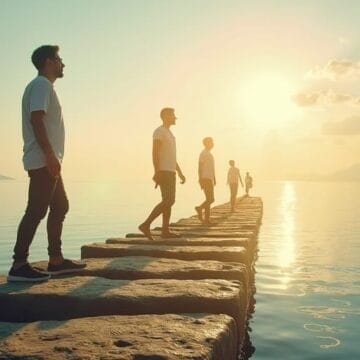 Five people walk in single file on large stone steps across calm water toward the sun on the horizon, symbolizing growth daily. Soft sunlight reflects off the water as distant mountains and a partly cloudy sky frame this serene pursuit of goals.