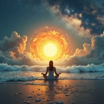 A person meditates in a seated pose on a beach at night, tapping into intuition as they face a fiery sun or portal on the horizon. Waves crash nearby, clouds frame the glowing sphere, and stars twinkle in the dramatic, otherworldly sky.