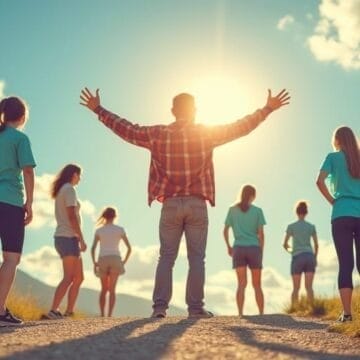 A group of people stands on a sunlit path outdoors. In a proud moment, one person in the center faces the sun with arms raised wide, while others, casually dressed, stand around amidst grassy fields and a bright sky.