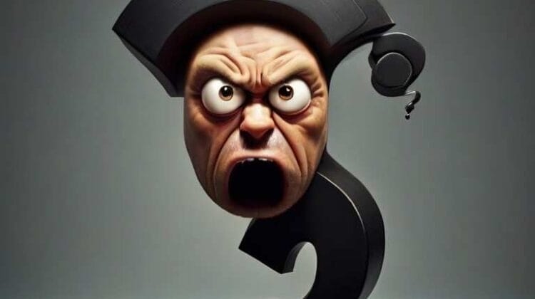 An anthropomorphized question trap with an angry face wearing a graduation cap.