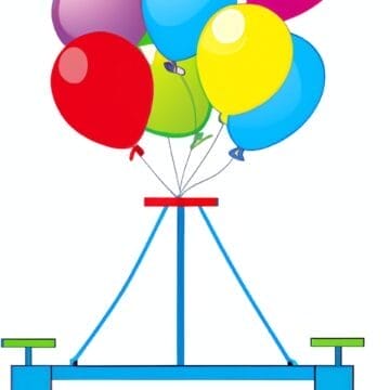 A colorful bunch of balloons tied to a simplistic blue seesaw in a balancing act on a white background.