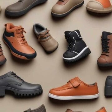 Assorted shoes with rocks displayed on a beige background.