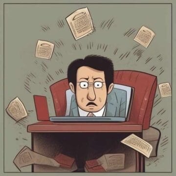 An overwhelmed man at his desk surrounded spam emails.