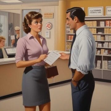 Two individuals in vintage attire exchanging a Customer Service Survival Guide in an office setting.