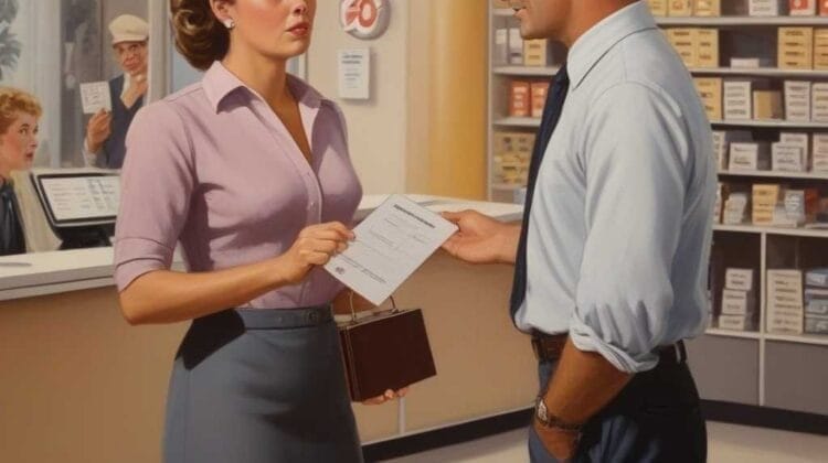 Two individuals in vintage attire exchanging a Customer Service Survival Guide in an office setting.