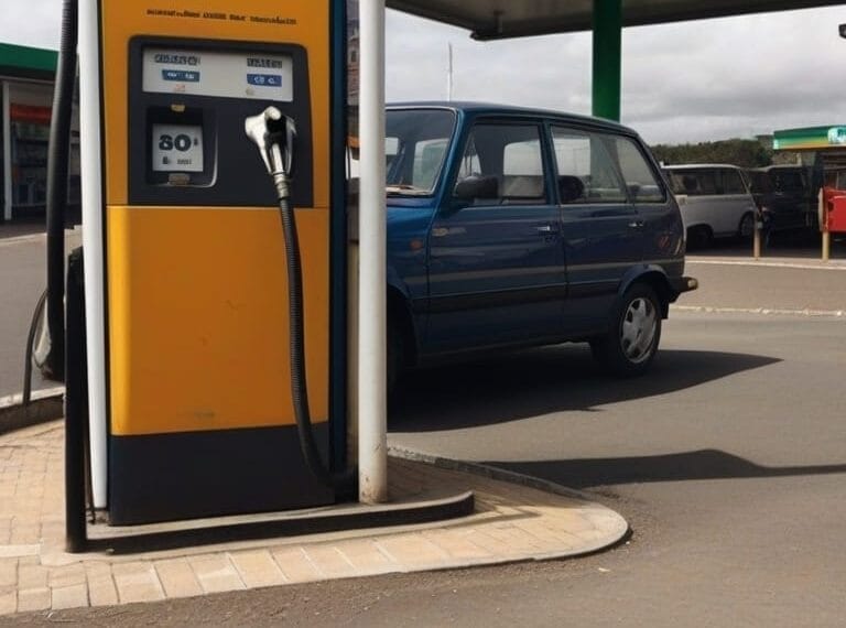A blue car parked next to a fuel pump at a petrol station.