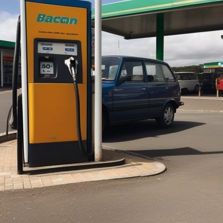 A blue car parked next to a fuel pump at a petrol station.