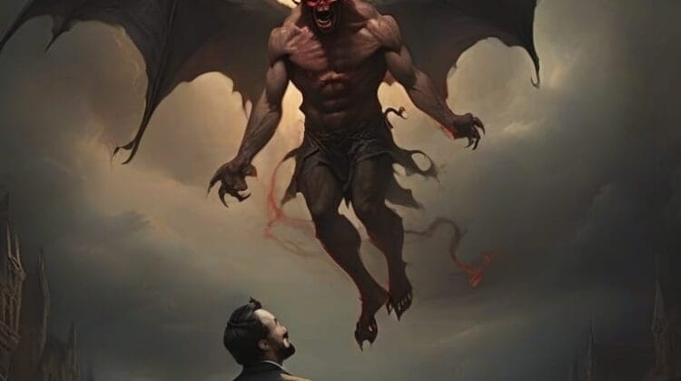 A man in a suit looks up at a large, winged demon hovering above him against a stormy sky laughing at the dark humor of the situation.