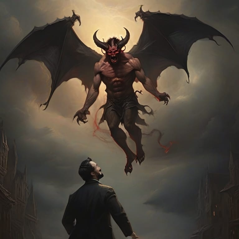 A man in a suit looks up at a large, winged demon hovering above him against a stormy sky.