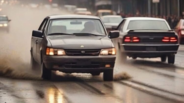 A black sedan drives through a puddle on a wet urban street, splashing water, with other vehicles and blurred city buildings in the background displaying road rage