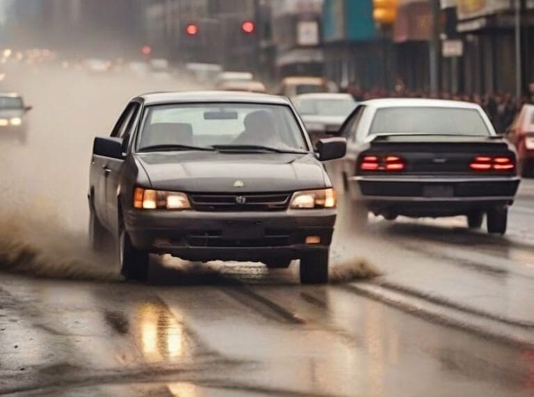 A black sedan drives through a puddle on a wet urban street, splashing water, with other vehicles and blurred city buildings in the background displaying road rage