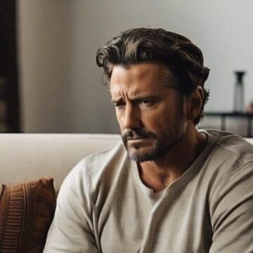 A pensive man with wavy brown hair and a beard, wearing a white shirt, sitting on a couch, looking downward in a thoughtful pose.