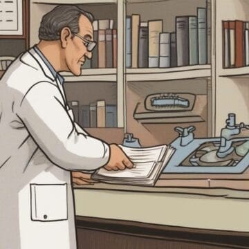 Scientist reviewing notes in a laboratory setting.