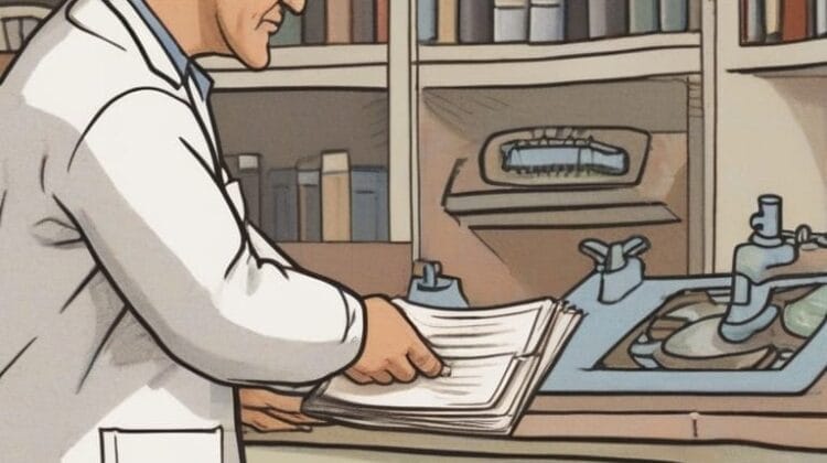 Scientist reviewing notes in a laboratory setting attempting to prevent confirmation bias.