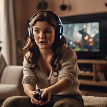 A young woman wearing headphones plays a video game, holding a controller with a concentrated expression, in a cozy living room using the cheat code.