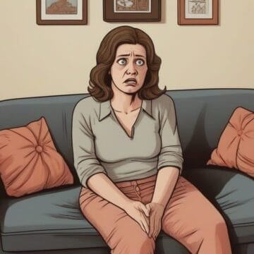 Illustration of a worried woman sitting on a couch, overcoming fear with a troubled expression.