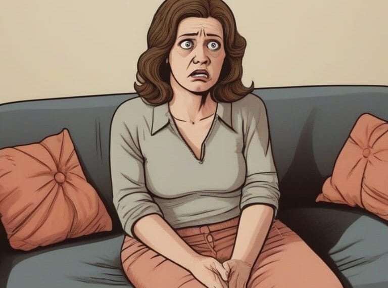 Illustration of a worried woman sitting on a couch, overcoming fear with a troubled expression.