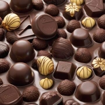 An assortment of fine chocolates with various shapes and decorations.