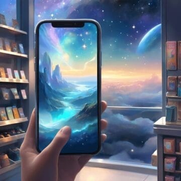 A hand holds a smartphone displaying a fantasy landscape with mountains and a vibrant sky, viewed from a cozy room at sunset.