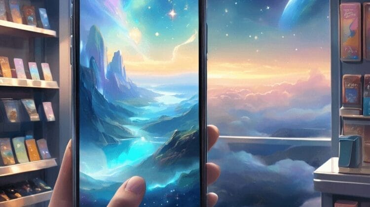 A hand holds a smartphone displaying a fantasy landscape with mountains and a vibrant sky, viewed from a cozy room at sunset promoting the phone dilemma.