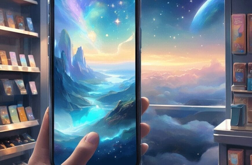 A hand holds a smartphone displaying a fantasy landscape with mountains and a vibrant sky, viewed from a cozy room at sunset.