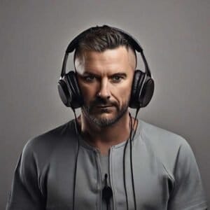 Man with headphones humble bragging while staring intently at the camera.