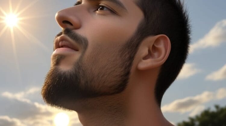 A man gazing upwards with the understanding sunlight shining in the background.