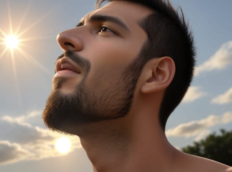 A man gazing upwards with the understanding sunlight shining in the background.