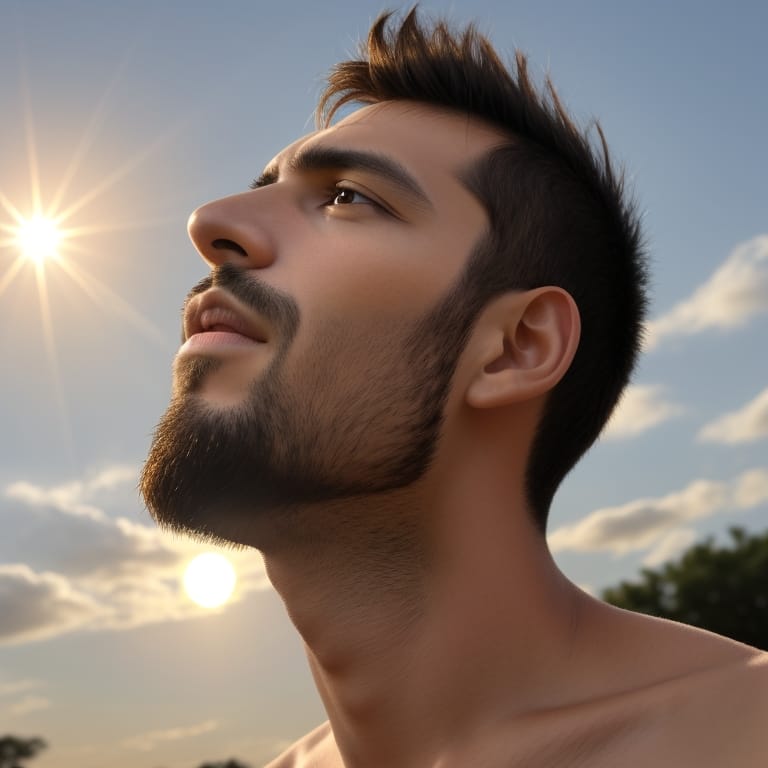 A man gazing upwards with the understanding sunlight shining in the background.