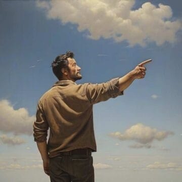Man pointing towards the sky with clouds in the background.