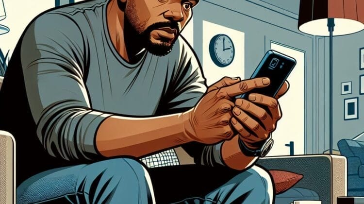 A man with a beard sitting on a couch looks intently at his smartphone in a well-furnished living room, with a lamp and wall clock in the background.