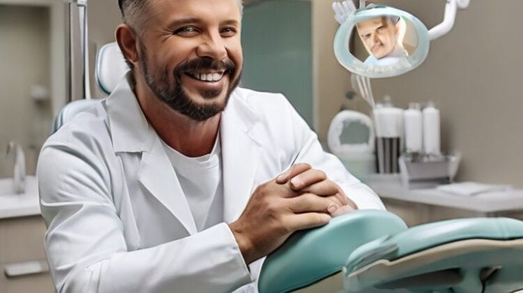 Male dentist smiling in a dental clinic.