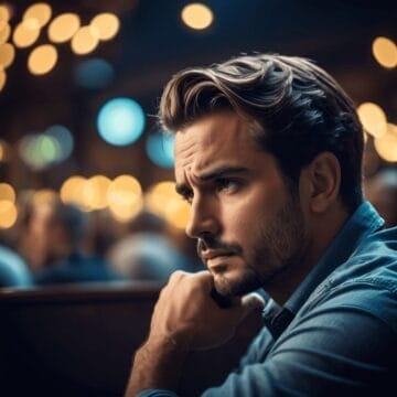 Profile of a thoughtful man with a beard in a blue shirt, sitting in a dimly lit bar with blurred lights in the background.