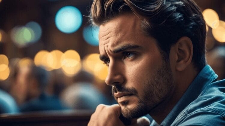 Profile of a man with a beard in a blue shirt, sitting in a dimly lit bar with blurred lights in the background thinking about his bad decisions