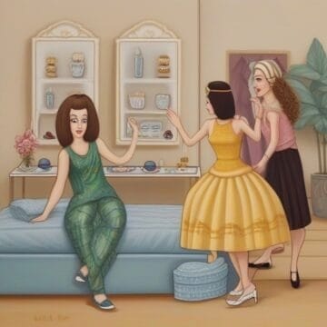 Illustration of three stylish women in a vintage setting, with two standing and one seated, depicting a scene of social interaction.